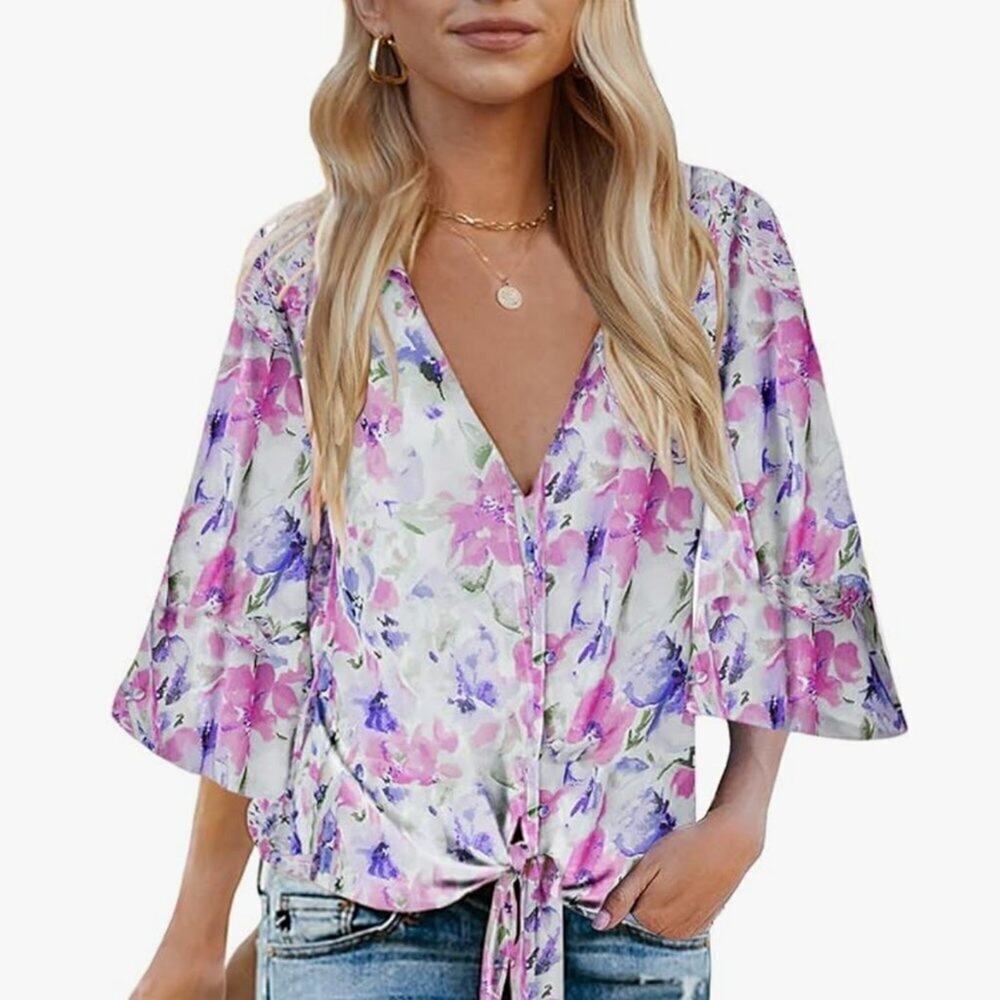 Bluetime‎ Bohemian 3/4 Sleeve V Neck Tie Front Blouse Floral Large